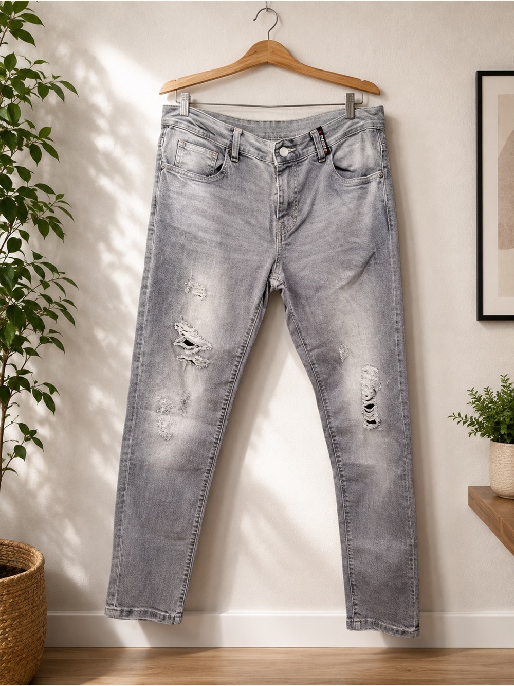 PREME Mens Distressed Slim Fit Jeans Grey Denim Size 36W 33L Streetwear Ripped